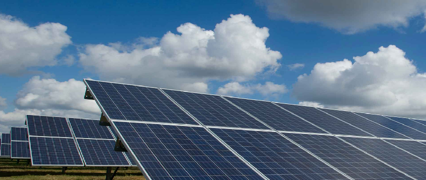 Grid-connected solar panels under an open sky